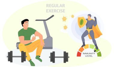 Dokunulmazlık seviyesi spor nedeniyle artıyor. Ayak değirmeninin arka planında dambıllarla egzersiz yapan adam.