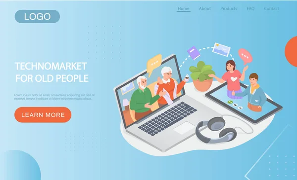 Technomarket für alte Menschen Konzept. Website für die Kommunikation mit Verwandten Landing Page Template — Stockvektor