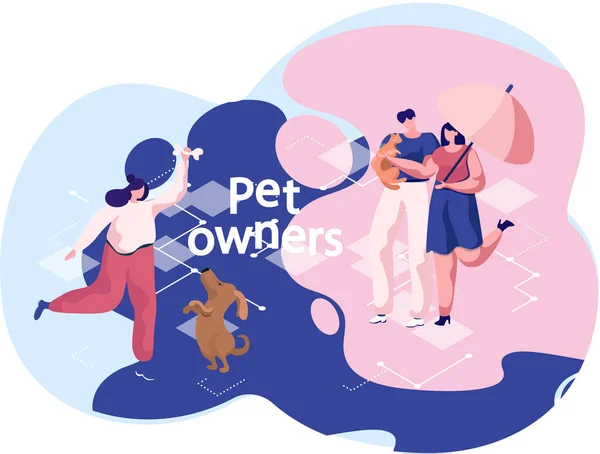 La mujer con hueso está entrenando a su perro. Pareja en relación con gatito caminando bajo paraguas — Vector de stock