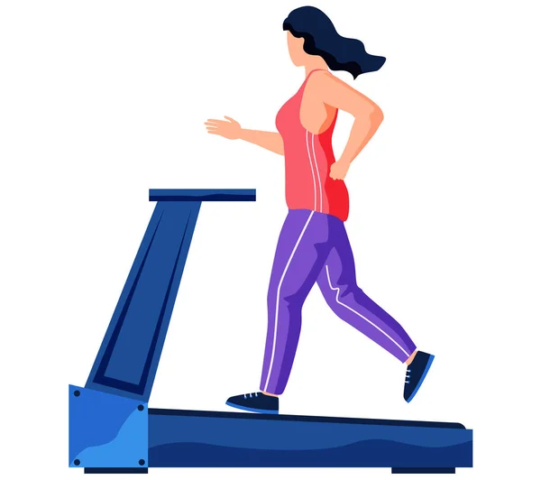 Femme courant sur tapis roulant. Entraîneur de fitness montrant le mouvement. Dame faisant du sport sur un appareil spécial — Image vectorielle