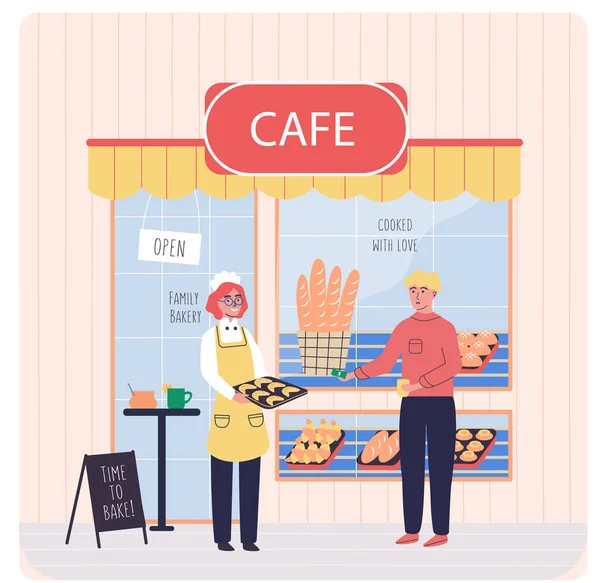 Café avec enseigne de café, boulangerie familiale, femme vend des petits pains et des croissants de boulangerie sur vitrine — Image vectorielle