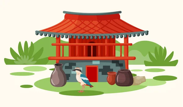 Місцева пташка острова на задньому плані червоної будівлі в східному стилі. Ландшафт Джеджу в Кореї — стоковий вектор