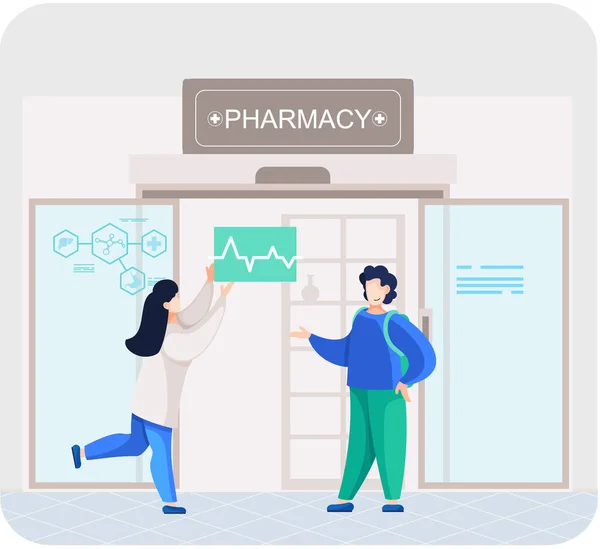 Farmacia con letrero. Farmacéuticos hablando con el paciente, boticario aconseja comprador de medicamentos — Vector de stock