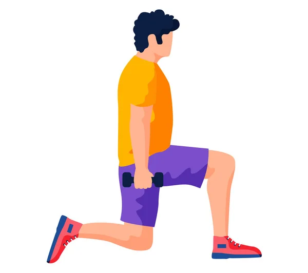 L'homme fait des exercices matinaux avec du matériel sportif, de l'entraînement. Athlète, squats sportifs avec haltères — Image vectorielle