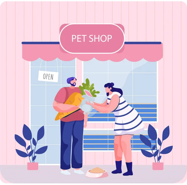 Animalerie avec enseigne, marché vétérinaire avec vitrine, magasin d'accessoires pour animaux à l'intérieur — Image vectorielle