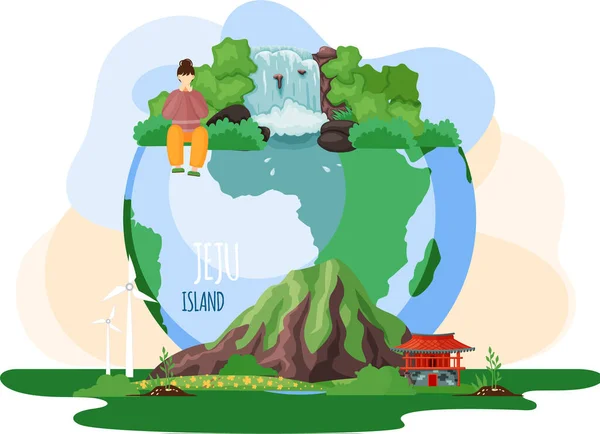 Girl on planet Earth looks at jeju nature. Windmills, local building and waterfall in island — Stock Vector