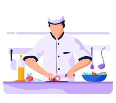 Şef salata pişiriyor. Üniformalı bir aşçı, elinde bıçak ve sağlıklı bir yemek için kırmızı biber kesiyor.