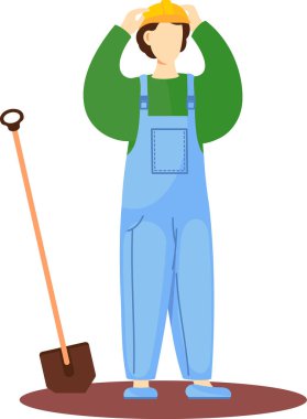 Çalışan takım elbiseli kişi beyaz arka planda izole edilmiş. Erkek karakter kürekle çalışıyor.