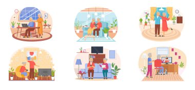 Yaşlı insanlar video oyunu oynar. Farklı aletleri olan yaşlı insanlar. Bilgisayarda eski eğitim