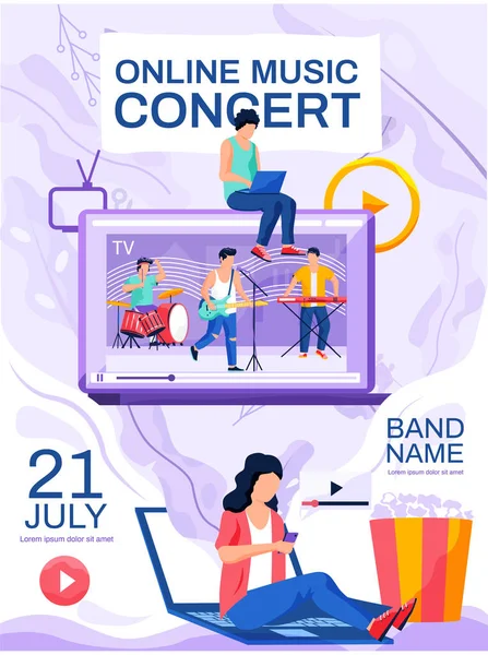 Affiche concept de concert de musique en ligne. Femme regardant la vidéo avec le groupe se produisant sur scène avec la chanson — Image vectorielle