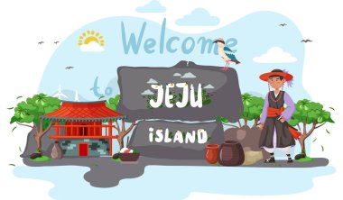 Güney Kore 'deki Jeju' ya hoş geldiniz, geleneksel eğlence. Adaya davetiyeli kartpostal düzeni