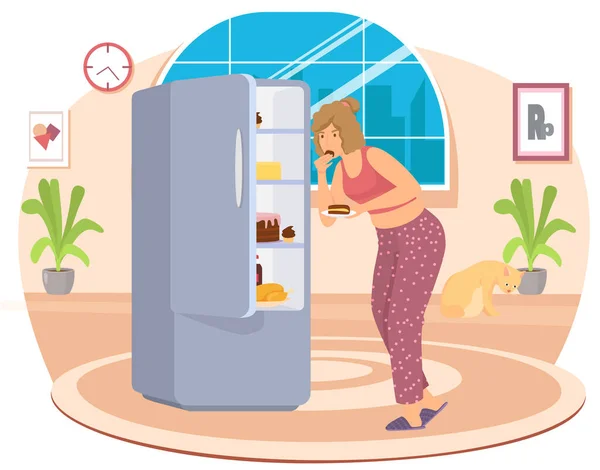 Woman eats cake from refrigerator. Female character is stealing pie on sly. Unhealthy eating habit — Stock Vector