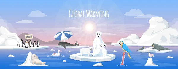 Global warming, environment pollution, global warming heating impact. Change climate. Global warming ice landscape — Stock Vector