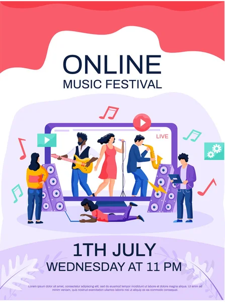 Poster concept de festival de musique en ligne. Les gens aiment le groupe se produisant en concert via Internet — Image vectorielle