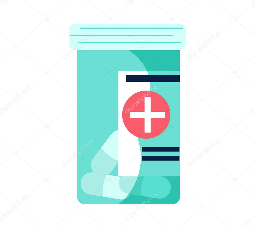 Transparent plastic jar with pills in capsules. Medical container with antibiotic for treatment
