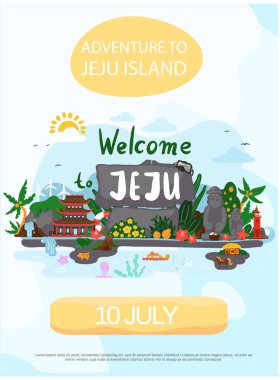 Jeju Adası konsept posterine macera. Doğa ve mimariyi görmek için davetiyeli yazı