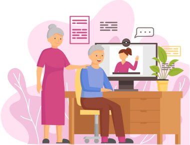 Yaşlı çift emeklilerin aileleri bilgisayardaki video bağlantısıyla kızlarıyla kamerayla iletişim kuruyor.