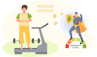 Süper kahraman yüksek seviyede bağışıklık gösteriyor. Kadın koşu bandı vektör illüstrasyonunda duruyor.