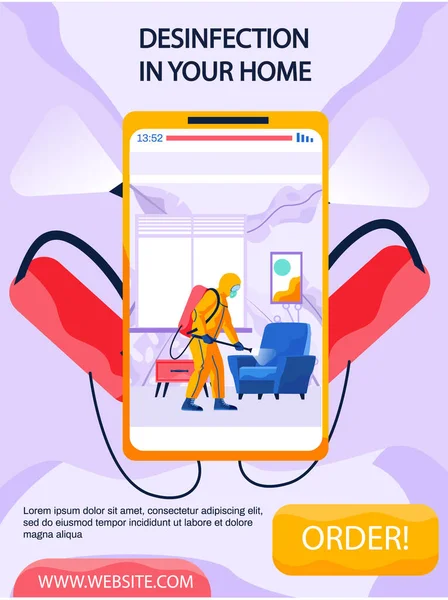 Disinfezione nel vostro poster concetto di casa sullo schermo del telefono. Uomo disinfetta soggiorno con pistola a spruzzo — Vettoriale Stock