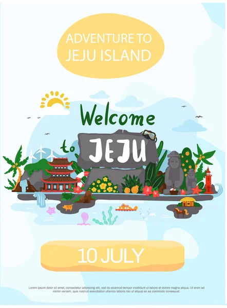 Avontuur naar Jeju eiland concept poster. Inschrijving met uitnodiging om natuur en architectuur te zien — Stockvector