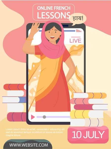 Profesora en sari nacional indio habla lengua extranjera durante la lección en línea en pantalla — Archivo Imágenes Vectoriales