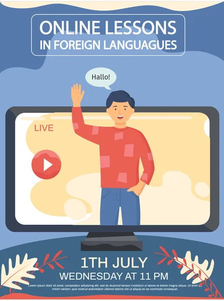 Clase de inglés con hablante nativo diciendo hallo. Clases en línea en idiomas extranjeros concept poster — Vector de stock