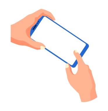 Akıllı telefonu tutan ve ekrana dokunan eller. Boş ekranlı düz vektör illüstrasyon telefonu