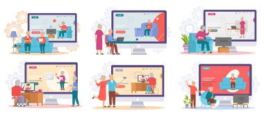 Yaşlı insanlar video oyunu oynar. Farklı aletleri olan yaşlı insanlar. Bilgisayarda eski eğitim