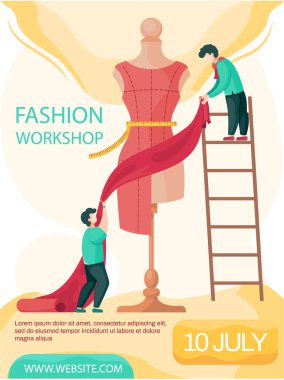 Moda atölyesi konsepti posteri. Erkek tasarımcılar atölyedeki manken üzerindeki elbise için bant ölçüyorlar.