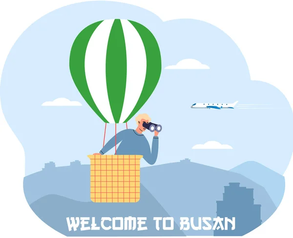 Üdvözöljük a Busan utazási poszter férfi hőlégballon néz keresztül binokuláris Dél-Koreában — Stock Vector