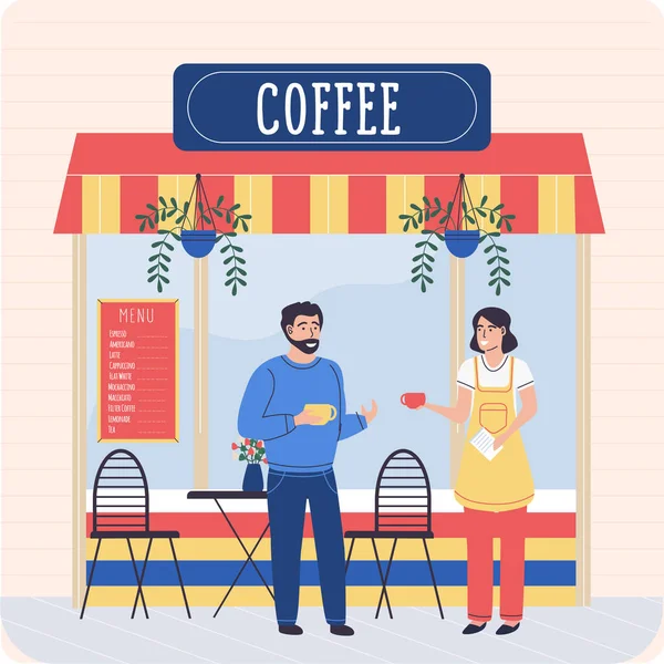 Café-restaurant, café de rue avec menu. Homme commandé boisson chaude et parler à la serveuse sur la terrasse — Image vectorielle