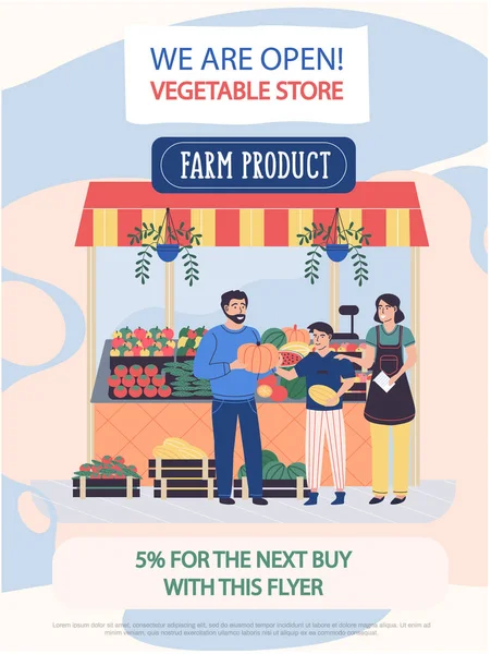 Opening van de winkel met landbouwproducten concept. Lokale boer winkeliers verkoop oogst met korting — Stockvector
