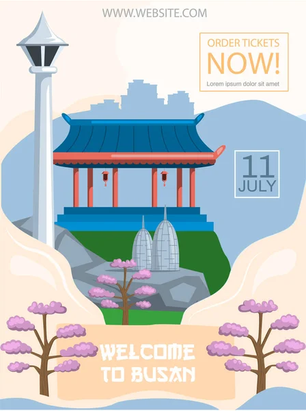 Bienvenido al banner publicitario de Busan. Flor de cerezo y hito de Busan gazebo en estilo asiático — Vector de stock