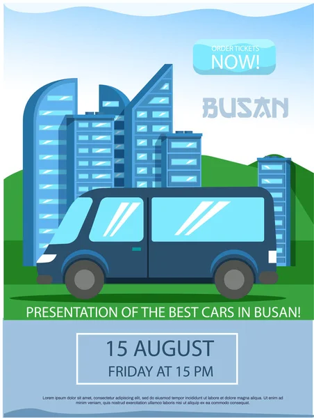 Αυτοκίνητο διαφημιστικό φυλλάδιο πρότυπο σχεδιασμού. Επαγγελματική παρουσίαση των καλύτερων αυτοκινήτων στο Busan πολύχρωμο πανό — Διανυσματικό Αρχείο