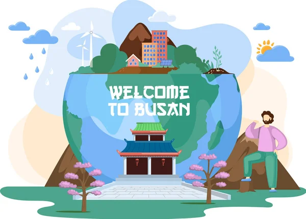 Bienvenido a Busan cartel de promoción de viajes turísticos con hermosa naturaleza y edificios modernos — Archivo Imágenes Vectoriales