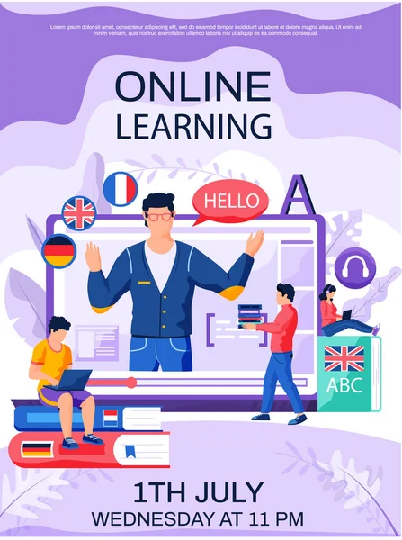 Afiche del concepto de aprendizaje en línea. Estudiantes durante la clase de inglés en línea. Banner del sitio web Educación — Vector de stock