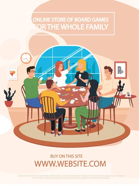 Sklep internetowy gier planszowych dla całej rodziny plakat koncepcyjny. Gry Szczęśliwi przyjaciele gry kim jestem gry — Wektor stockowy
