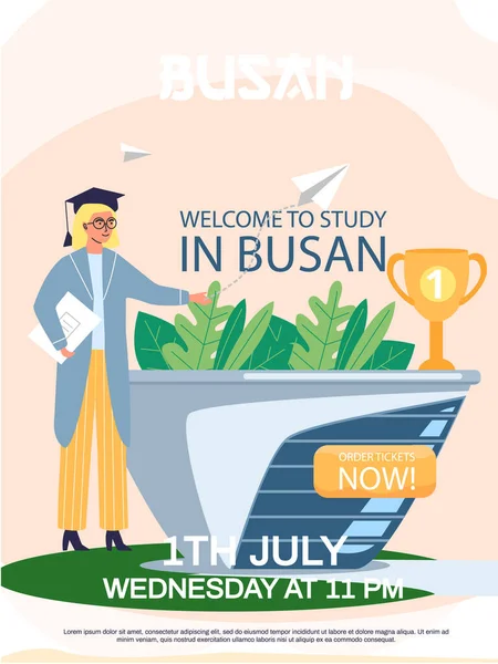 Welcome to study in Busan city educational agency promotion poster with female student in hat — Stock Vector