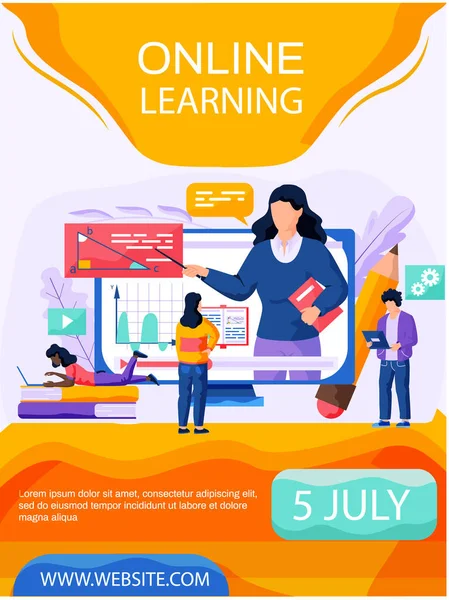Afiche del concepto de aprendizaje en línea. Banner del sitio web de educación. Personas durante la lección de geometría en línea — Vector de stock