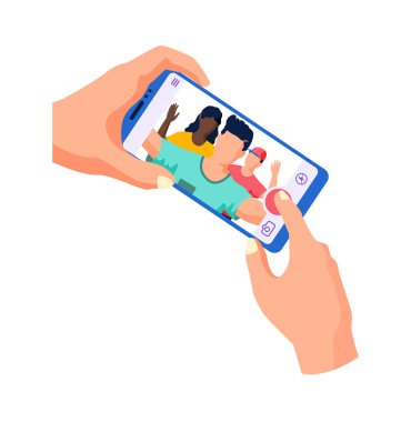Akıllı telefonu tutan eller, beyaz üzerinde izole edilmiş arkadaşlardan oluşan fotoğraf eğlence şirketi için parmak basma düğmesi.