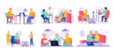 Yaşlı insanlar video oyunu oynar. Farklı aletleri olan yaşlı insanlar. Bilgisayarda eski eğitim