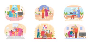 Yaşlı insanlar video oyunu oynar. Farklı aletleri olan yaşlı insanlar. Bilgisayarda eski eğitim