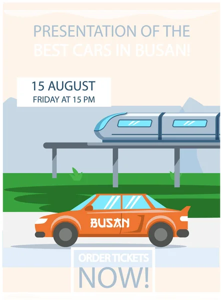 Παρουσίαση των καλύτερων αυτοκινήτων στο Μπουσάν πολύχρωμο πανό με κόκκινο αυτοκίνητο οδήγηση στο δρόμο κοντά στο σύγχρονο σιδηρόδρομο — Διανυσματικό Αρχείο