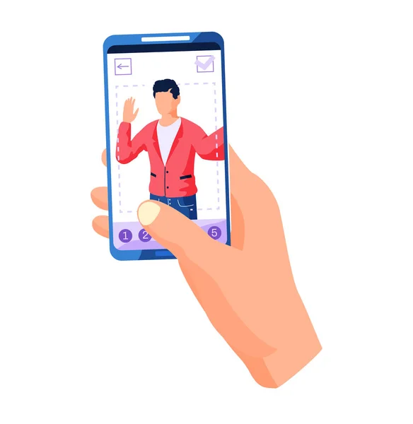 Telefon ręczny z filtrami do selfie ekranu ramka ze zdjęciem człowieka machając ręką — Wektor stockowy