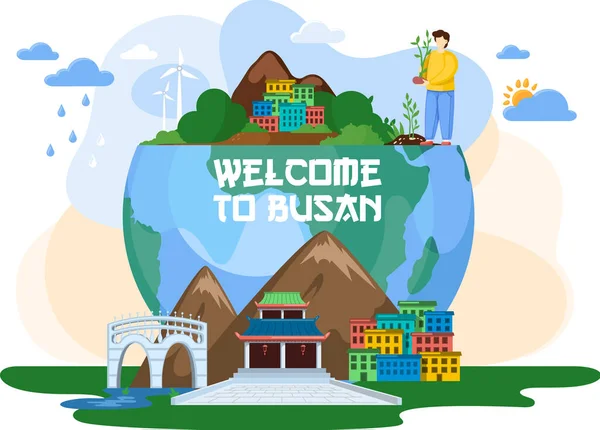 Üdvözöljük a Busan turisztikai utazási promóciós poszter gyönyörű természet és a modern épületek — Stock Vector