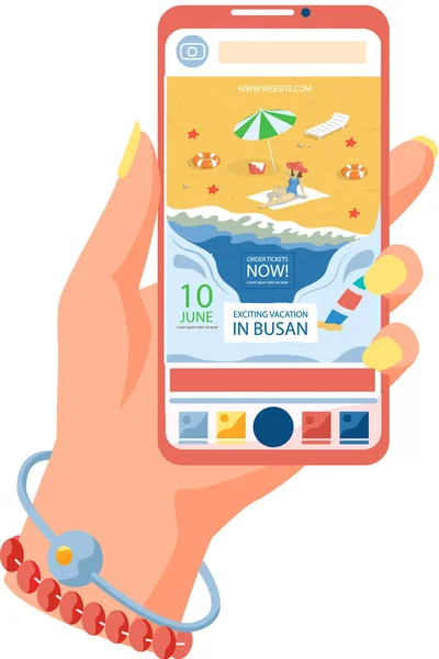 Emocionantes vacaciones en Busan cartel de promoción de viajes turísticos en la página web del teléfono inteligente en la mano femenina — Archivo Imágenes Vectoriales
