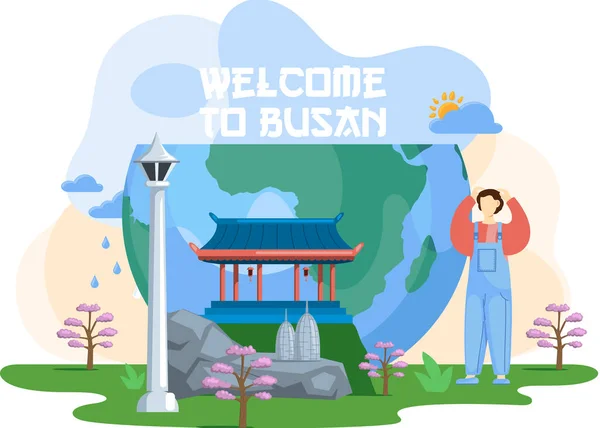 Добро пожаловать в Пусан туристический рекламный плакат с красивой природой и традиционными зданиями — стоковый вектор