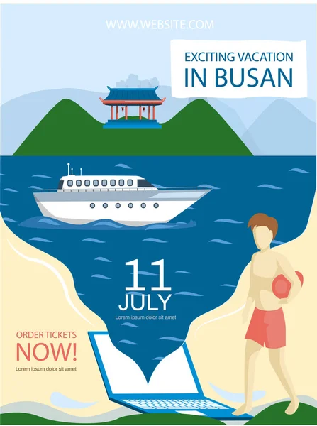 Emocionante férias em Busan cartaz de promoção de viagens turísticas com praia e passeio marítimo, turismo de verão — Vetor de Stock