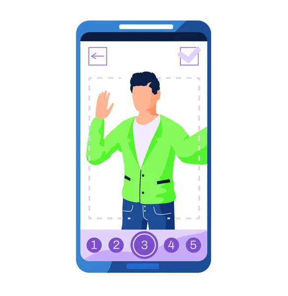 Mężczyzna trzyma telefon komórkowy robi selfie, ekran interfejs ramka zdjęcie w aplikacji mediów społecznościowych — Wektor stockowy