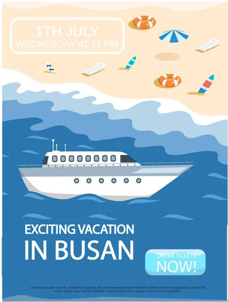 Emocionante férias em Busan cartaz de promoção de viagens turísticas com praia e passeio marítimo, turismo de verão — Vetor de Stock